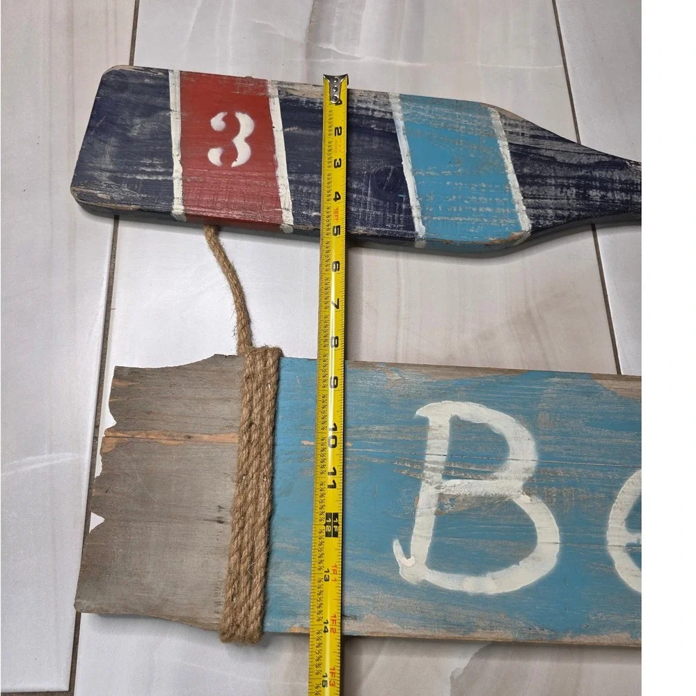 Rustic Wooden Beach Sign with Oar Nautical Wall Decor Distressed Coastal Art
